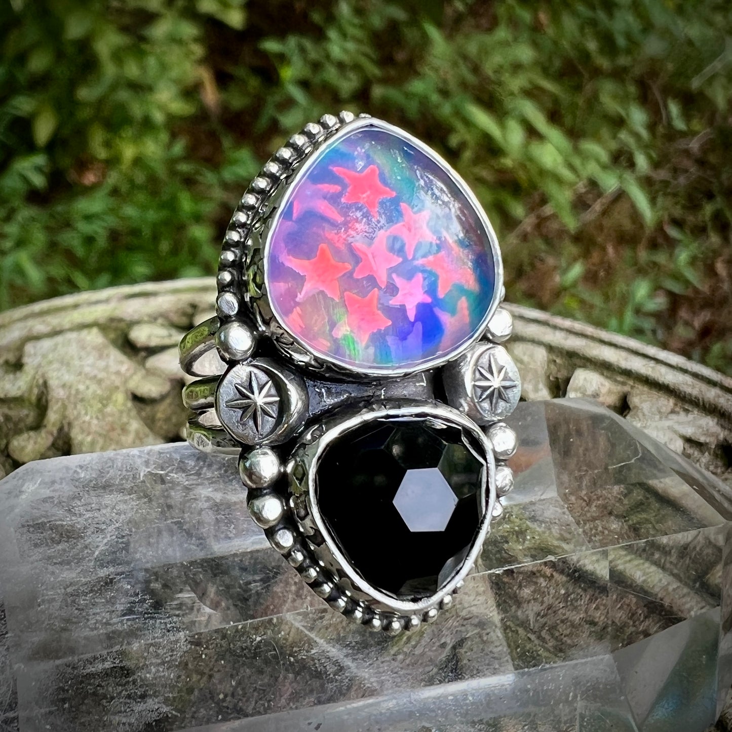 Aurora Opal & Black Onyx Stargazer Ring ~ Size 6