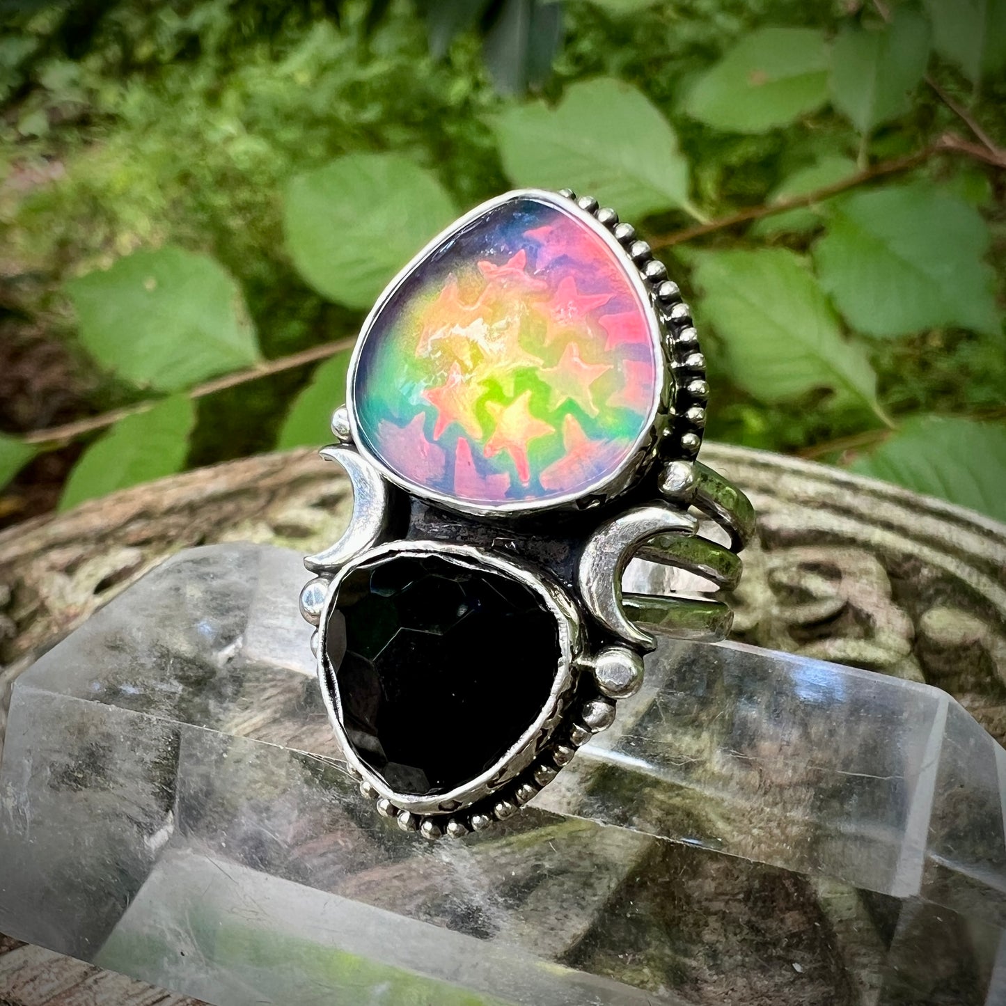 Aurora Opal & Black Onyx Stargazer Ring ~ Size 9