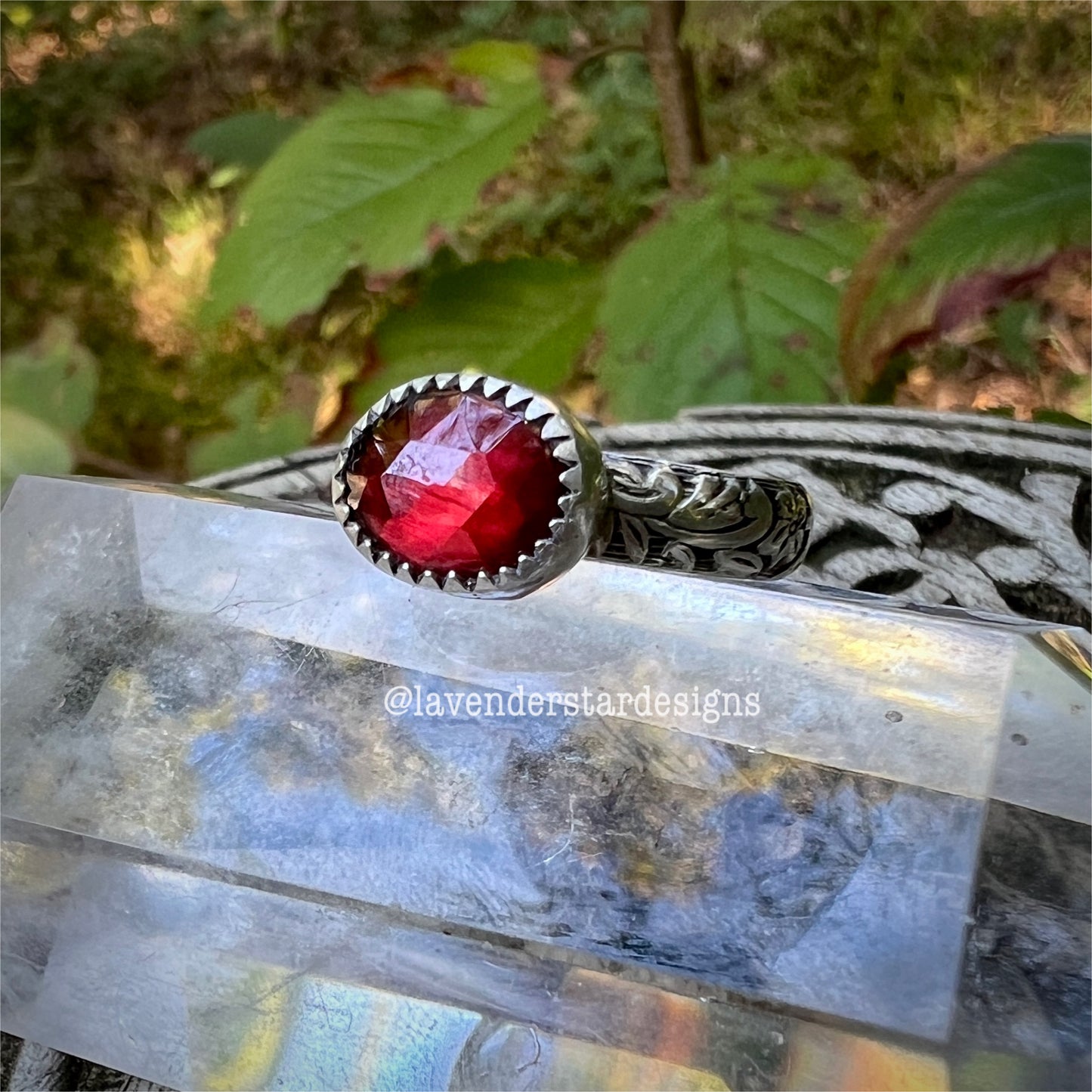 Garnet Flora Banded Ring ~ Size 7