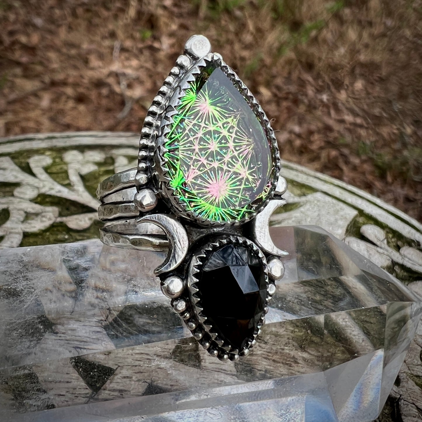**Made-to-Order** Kaleidoscope & Black Onyx Moon Ring