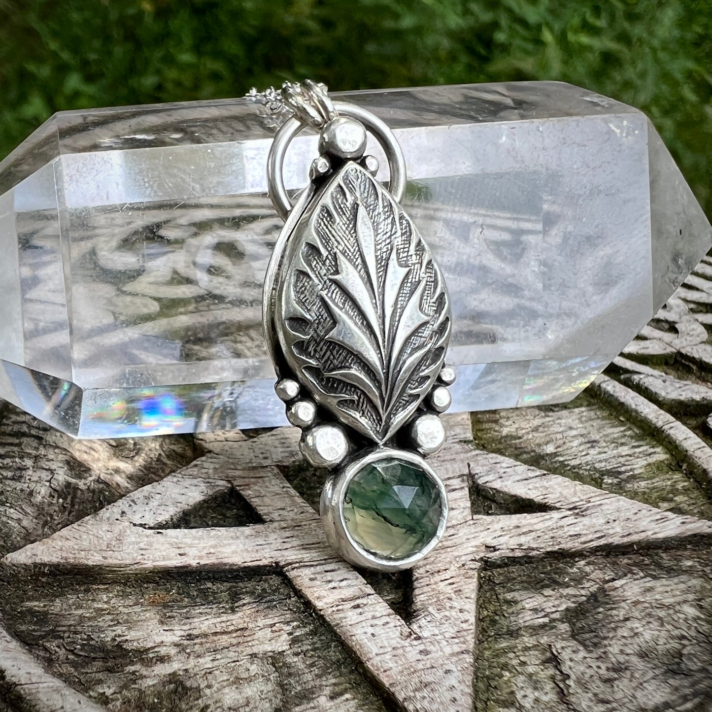 Moss Agate Elven Leaf Pendant