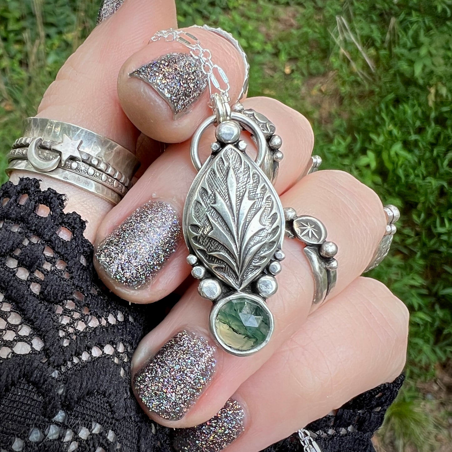 Moss Agate Elven Leaf Pendant