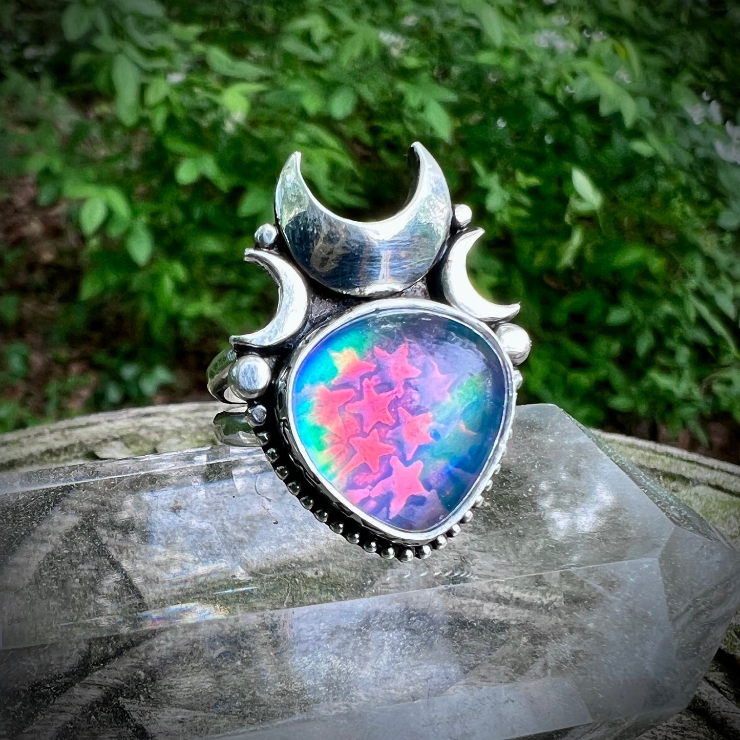 Aurora Opal Moon Ring ~ Size 8