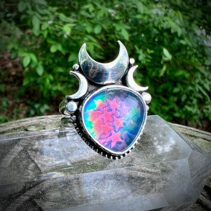 Aurora Opal Moon Ring ~ Size 8