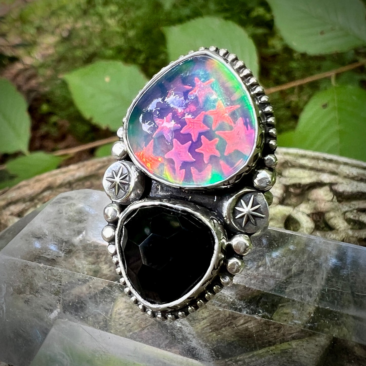 Aurora Opal & Black Onyx Stargazer Ring ~ Size 6