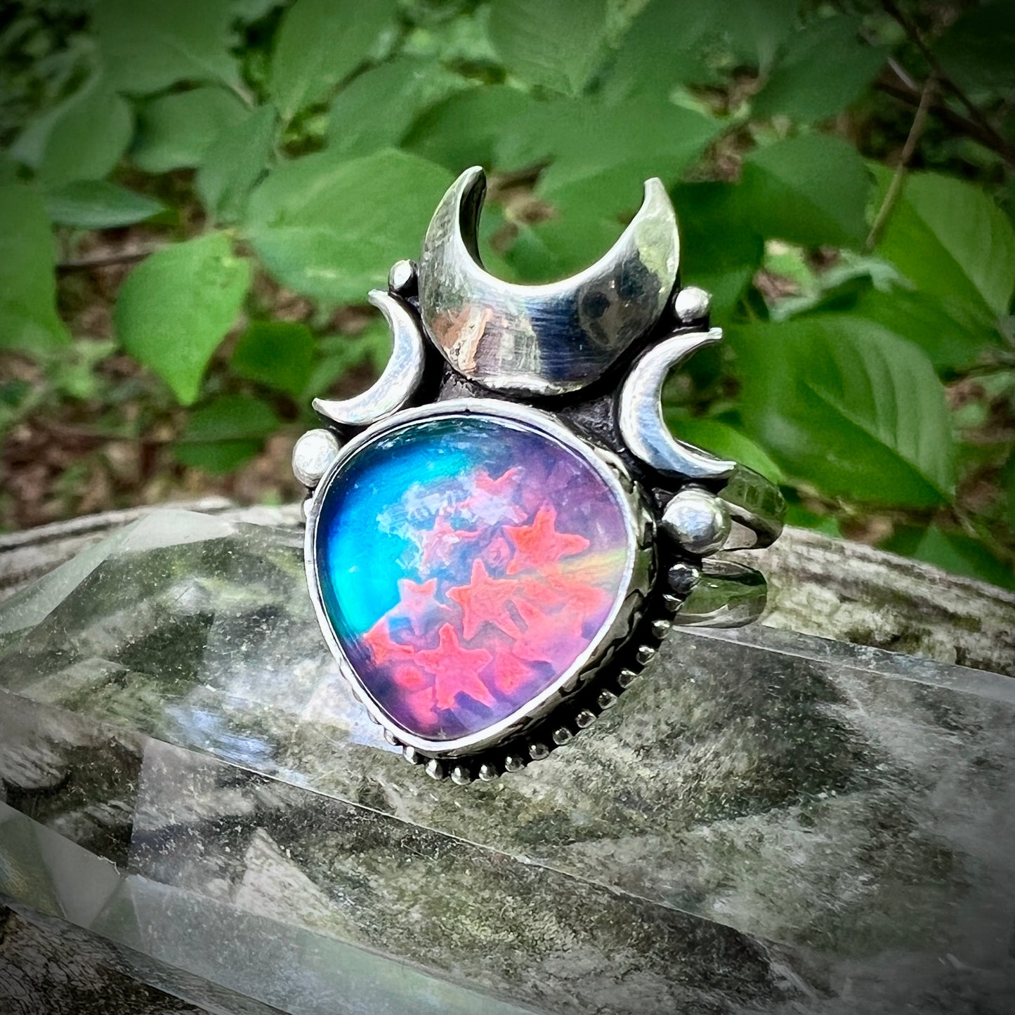 Aurora Opal Moon Ring ~ Size 8