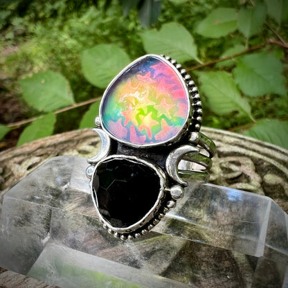 Aurora Opal & Black Onyx Stargazer Ring ~ Size 9