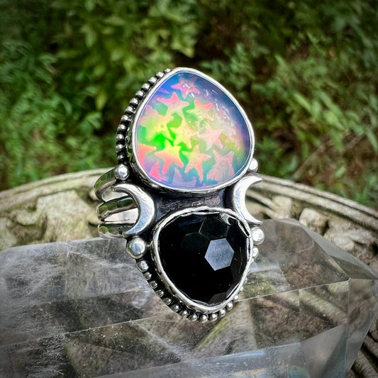 Aurora Opal & Black Onyx Stargazer Ring ~ Size 9
