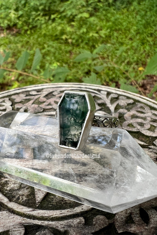 Moss Agate Coffin Ring ~ Size 7.5