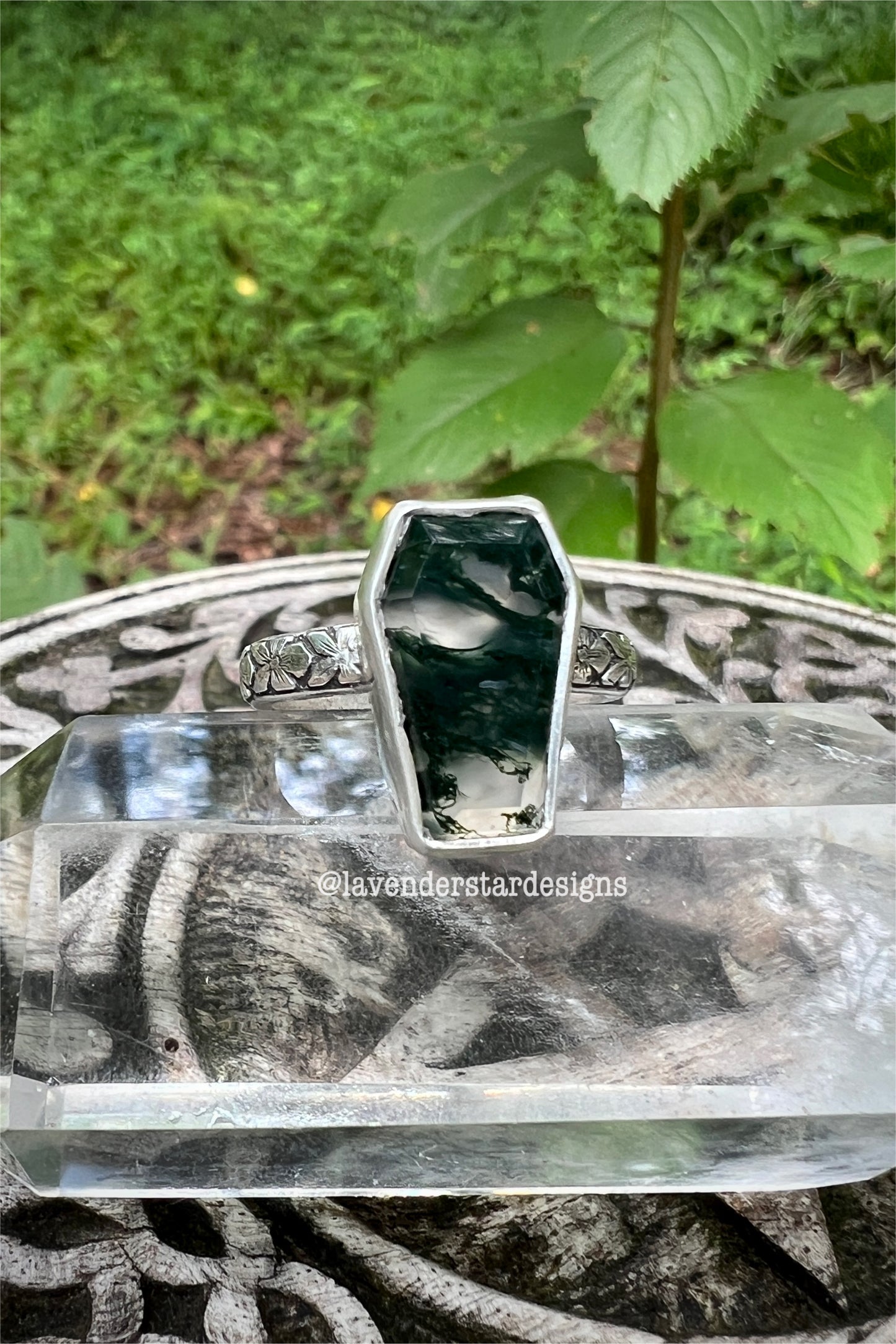 Moss Agate Coffin Ring ~ Size 8.5