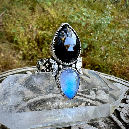 Moonstone & Black Onyx Moon Ring~ Size 9