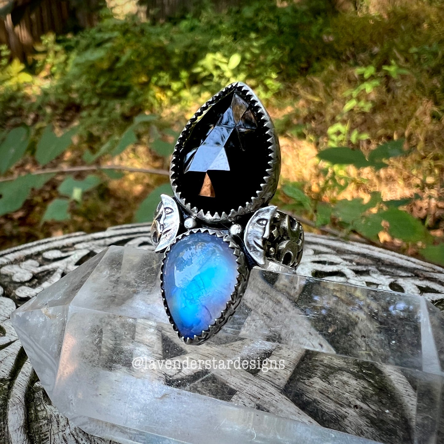 Moonstone & Black Onyx Moon Ring~ Size 9