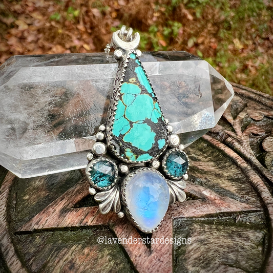 Turquoise, Moss Kyanite & Moonstone Pendant