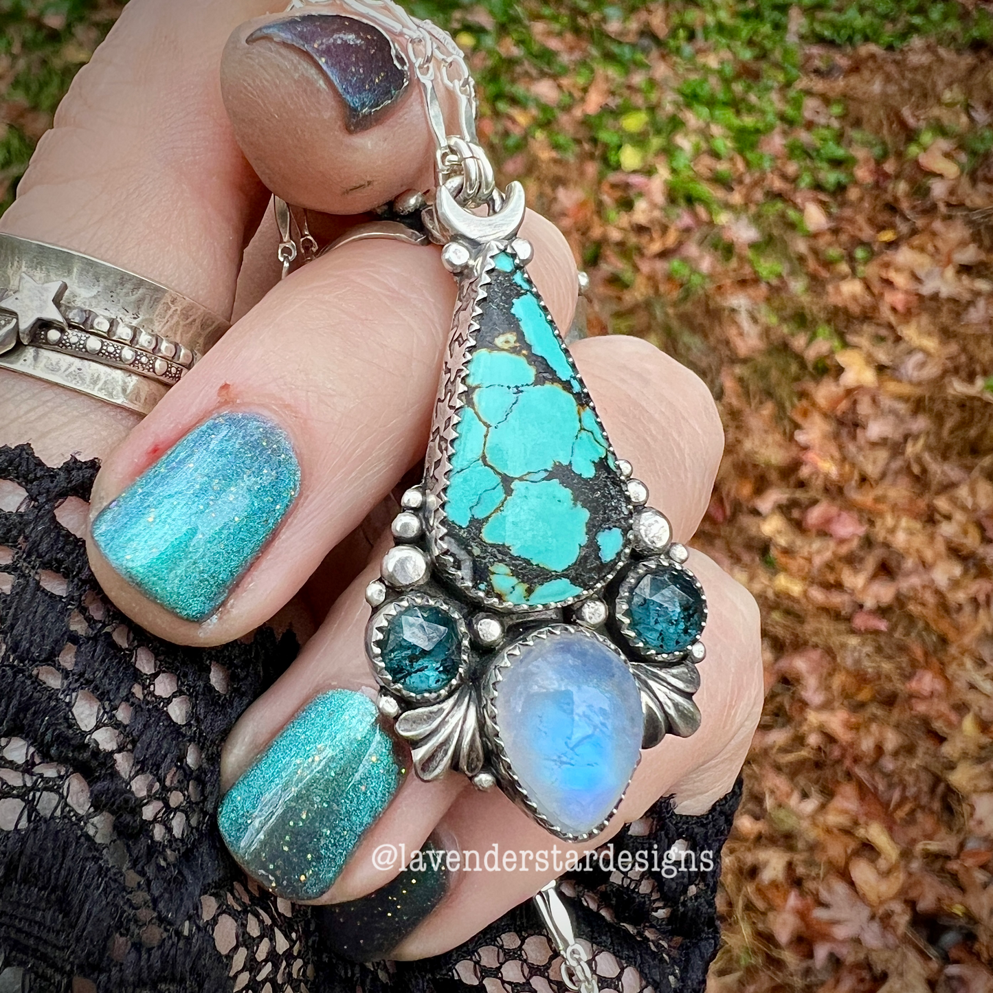 Turquoise, Moss Kyanite & Moonstone Pendant