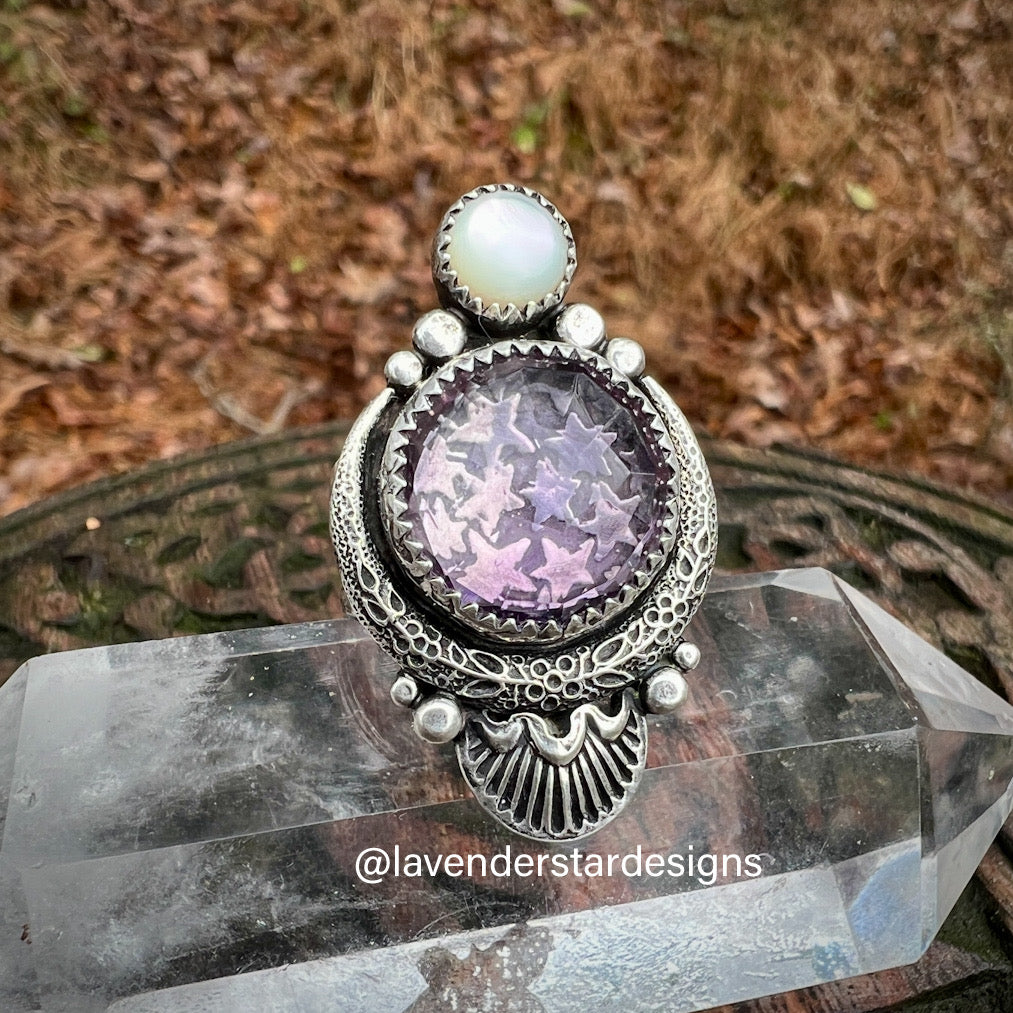 Moonlight Ring ~ Pink Amethyst & Mother of Pearl ~ Size 6