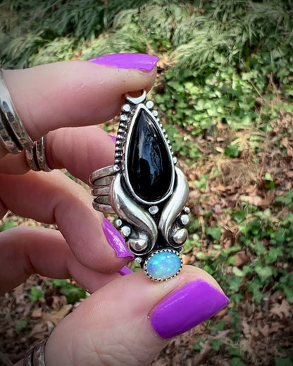Black Onyx & Opal Temptress Ring ~ Size 8.5